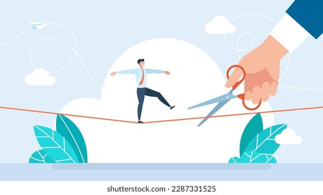 Business risk. Businessman tries to cross a balanced obstacle on a rope. His opponent cut it with scissors want him to fall down. Competition, an obstacle to success. Flat style. Vector illustration