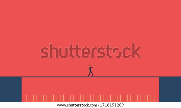 Business risk. Businessman\
walking on tightrope gap dangerous spikes. Way to success. Obstacle\
on road. Vector flat design.vector business finance Successful\
concept