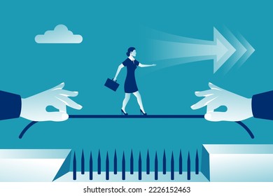 Business risk. Businesswoman pulled a rope along which person goes overcoming the hindrance. Walking on a tightrope. Vector flat design. Isolated on white background. Success in business concept.