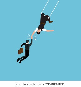 Business risk and challenges - Businessman doing acrobatic swings 3d vector illustration concept for banner, website, illustration, landing page, flyer, etc