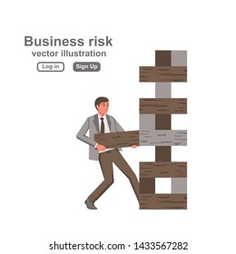 Business risk concept. Businessman pulls out the wooden block, risking to break stack. Vector illustration flat design. Landing business page.