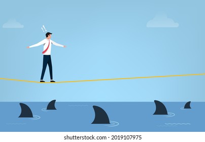 Business risk concept. Businessman walking on tightrope with fear of sharks symbol vector illustration