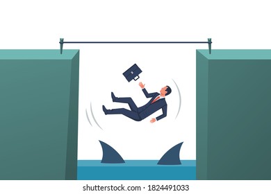 Business risk concept. A businessman will fall into the abyss with sharks. Vector illustration flat design. Landing business page.