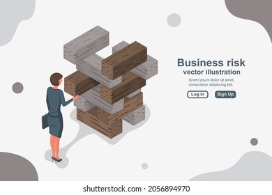 Business risk concept. Businesswoman pulls out the wooden block, risking to break stack. Vector illustration isometric 3d design. Landing business page.