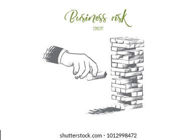 Business risk concept. Hand drawn hand of businessman placing out wood block on tower. Risk and strategy in business isolated vector illustration.