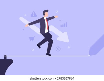 Business risk concept. A man in a business suit walks along a thin cord, risking falling into the abyss and losing his business and money. Web banner. Vector illustration in modern flat style. EPS 10.
