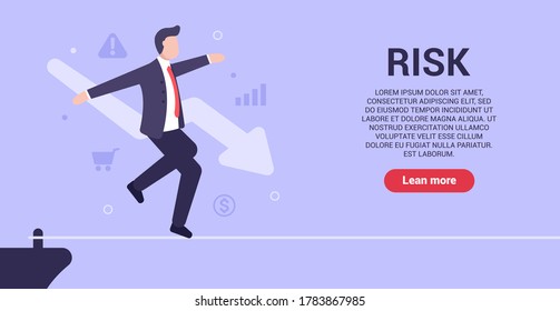 Business risk concept. A man in a business suit walks along a thin cord, risking falling into the abyss and losing his business and money. Web banner. Vector illustration in modern flat style. EPS 10.