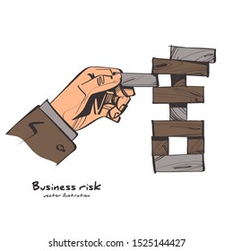 Business risk concept sketch design. Businessman pulls out the wooden block, risking to break stack. Vector illustration cartoon style. Landing business page.