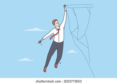 Business risk and crisis concept. Young businessman in tie hanging dangerously on edge of cliff holding by one hand feeling unconfident vector illustration 