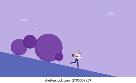 Business risk and crisis vector concept. Businessmen running away from falling rocks.