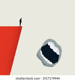 Business risk and danger vector concept with man on a cliff and big mouth. Symbol of courage, dangerous situation. Eps10 illustration.