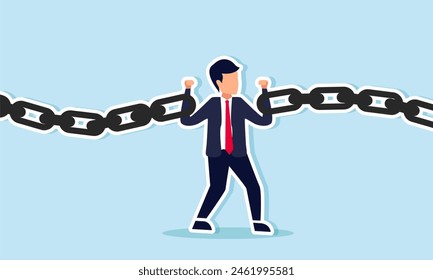 Business risk, danger, vulnerability, or conflict causing failure in investment, concept of Tired businessman struggling to hold broken chain together with low energy