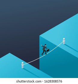 Business Risk And Dangerous Management Strategy Concept - Businessman Walks Over Gap As Tightrope Walker - Isometric Conceptual Illustration For Banner Or Poster