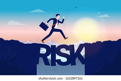 Business risk - Fearless man jumping over cliff with bridge made of letters spelling single word. Sunrise, mountains and landscape in background. Risk reward, challenge and courage concept. Vector