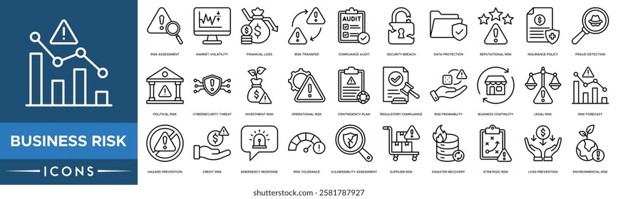 Business Risk icon. Risk Assessment, Market Volatility, Financial Loss, Risk Transfer, Compliance Audit, Security Breach, Data Protection and Reputational Risk