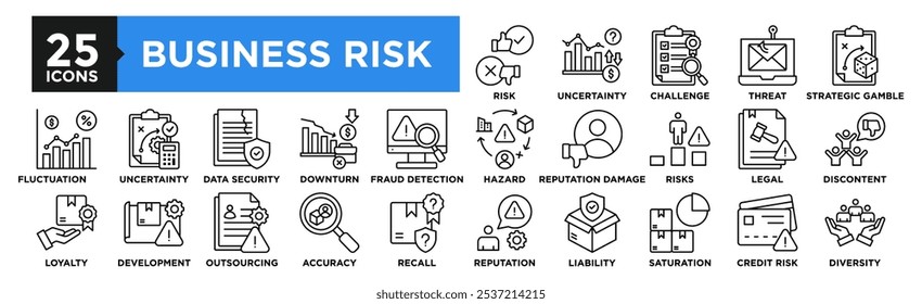Conjunto de coleta de ícones de Risco Comercial. Contendo risco de projeto, negócios, segurança, gerenciamento, segurança, estratégia, investimento