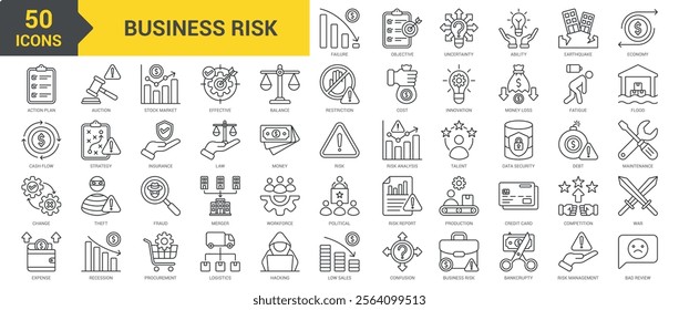 Business Risk icon collection set. Containing competition, war, recession, procurement, logistics, hacking, low sales, uncertainty, bankruptcy, risk management, bad review icon. Simple line vector