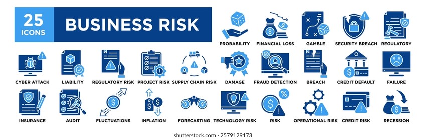 Business Risk icon collection set. Containing design, Probability, Financial Loss, Strategy Gamble, Security Breach, Regulatory Compliance	
