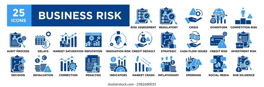 Business Risk icon collection set. Containing design Risk Assessment, Regulatory Compliance, Crisis Management, Economic Downturn, Competition Risk	