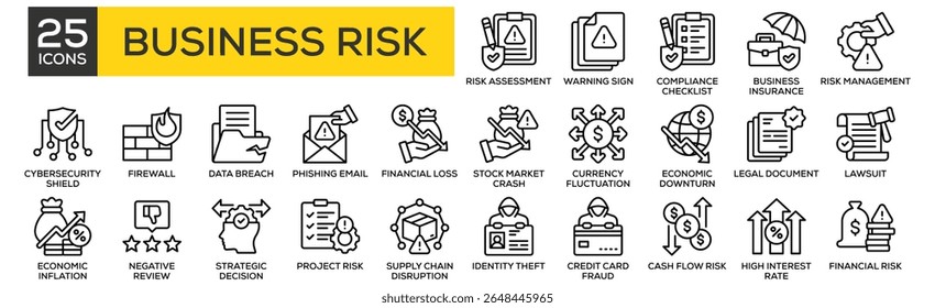 Business Risk icon collection set. Containing design Risk Assessment, Warning Sign, Compliance Checklist, Business Insurance, Risk Management