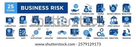 Business Risk icon collection set. Containing design, Probability, Financial Loss, Strategy Gamble, Security Breach, Regulatory Compliance	