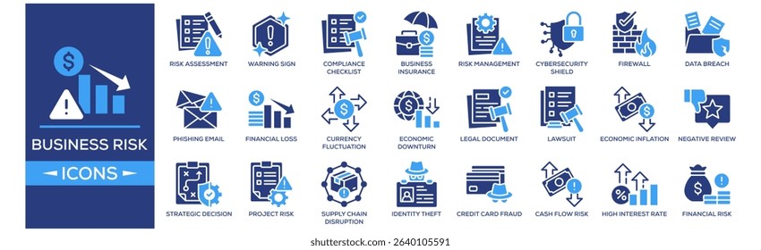 Business Risk icon set. Containing design Risk Assessment, Compliance Checklist, Business Insurance, Risk Management, Firewall. Solid icon collection.