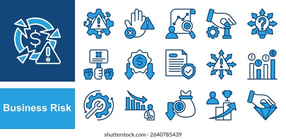 Business risk icon set with marketing, floods, inadequate profits, raw materials, strikes, prices and loss of assets
