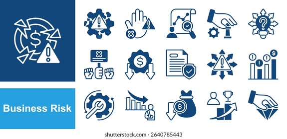 Business risk icon set with marketing, floods, inadequate profits, raw materials, strikes, prices and loss of assets