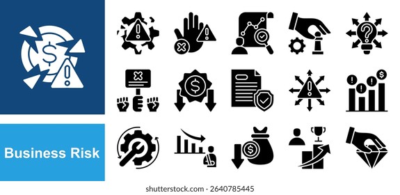 Business risk icon set with marketing, floods, inadequate profits, raw materials, strikes, prices and loss of assets