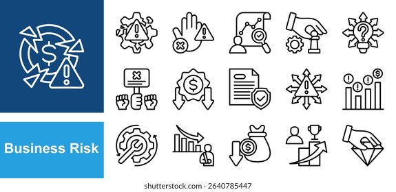 Business risk icon set with marketing, floods, inadequate profits, raw materials, strikes, prices and loss of assets