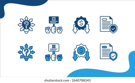 Business risk icon set with Uncertainty, Labor strike, Pricing, Insurance.