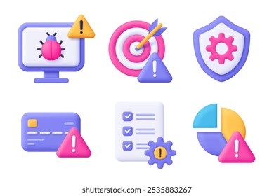 Conjunto de ícones de vetor 3d de gerenciamento de riscos e riscos de negócios. Computador, alvo, escudo, cartão de crédito, diagrama, arquivo. Estilo mínimo de desenho animado.