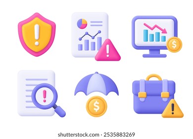 Business risk and risk management 3d vector icon set. Shield, chart, briefcase, umbrella, coin, file. Cartoon minimal style.