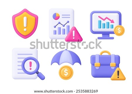 Business risk and risk management 3d vector icon set. Shield, chart, briefcase, umbrella, coin, file. Cartoon minimal style.