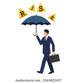 Business Risk Management Concept – Vector Illustration of a Businessman with an Umbrella Protecting Against Risks