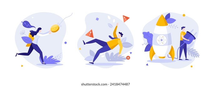 Business risk management flat concept vector illustrations set. Financial incentives, failure and startup challenge cartoon composition. Challenges handling creative idea for website, presentation