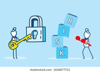 Business Risk Management Illustration With Characters Key And Lock Representing Security And Stacking Blocks Symbolizing Risk Assessment