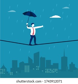 Concepto vectorial de la gestión del riesgo empresarial: Empresario balanceándose en la cuerda mientras sostiene un paraguas bajo la lluvia
