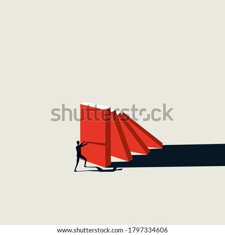 Business risk management vector concept with businessman stopping falling domino. Problem solution, leadership symbol. Eps10 illustration.