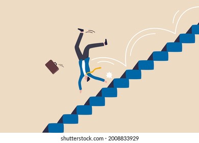 Business risk, mistake or failure, challenge or problem and difficulty, accident causing bankruptcy concept, misfortune businessman fall down stairs in economic crisis or career stumble.