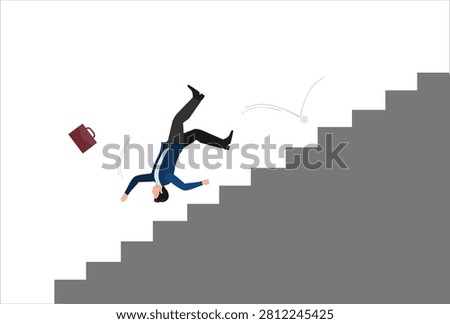 Business risk, mistake or failure, challenge or problem and difficulty, accident causing bankruptcy concept, misfortune businessman fall down stairs in economic crisis or career stumble.


