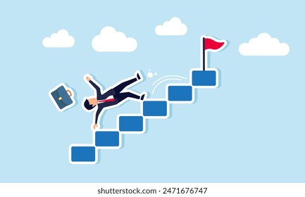 Business risk: mistakes, challenges, and accidents leading to bankruptcy, concept of Misfortune businessman falls down stairs amid economic crisis or career stumble