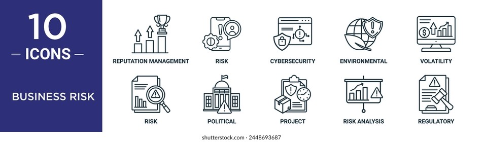 el conjunto de iconos de esquema de riesgo empresarial incluye gestión de reputación de línea fina, riesgo, ciberseguridad, medio ambiente, volatilidad, riesgo, iconos políticos para informes, presentaciones, diagramas, Diseños web