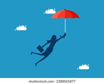 Business risk prevention. Businesswoman flying with red umbrella