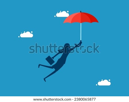 Business risk prevention. Businesswoman flying with red umbrella