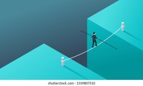 Business risk and professional strategy concept - businessman walks over gap as tightrope walker - isometric conceptual illustration for banner or poster