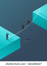 Business risk and professional strategy concept - business people team crossing cross the river on a rope - vertical isometric conceptual illustration for banner or poster