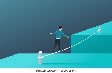 Business risk and professional strategy concept - man walks over gap as tightrope walker - isometric conceptual illustration for banner or poster