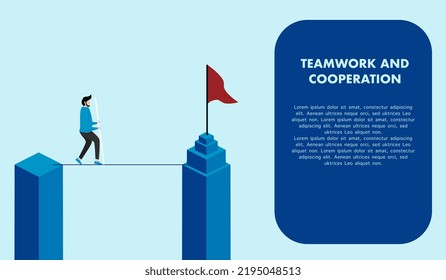 Business risk and professional strategy concept - businessman walking on a tightrope between two tall buildings - conceptual illustration for banner or poster