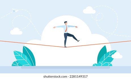 Business risk and professional strategy concept. Businessman walking on balancing slackline rope. Conquering adversity problems solution. Businessman walking on rope. Flat style. Vector illustration